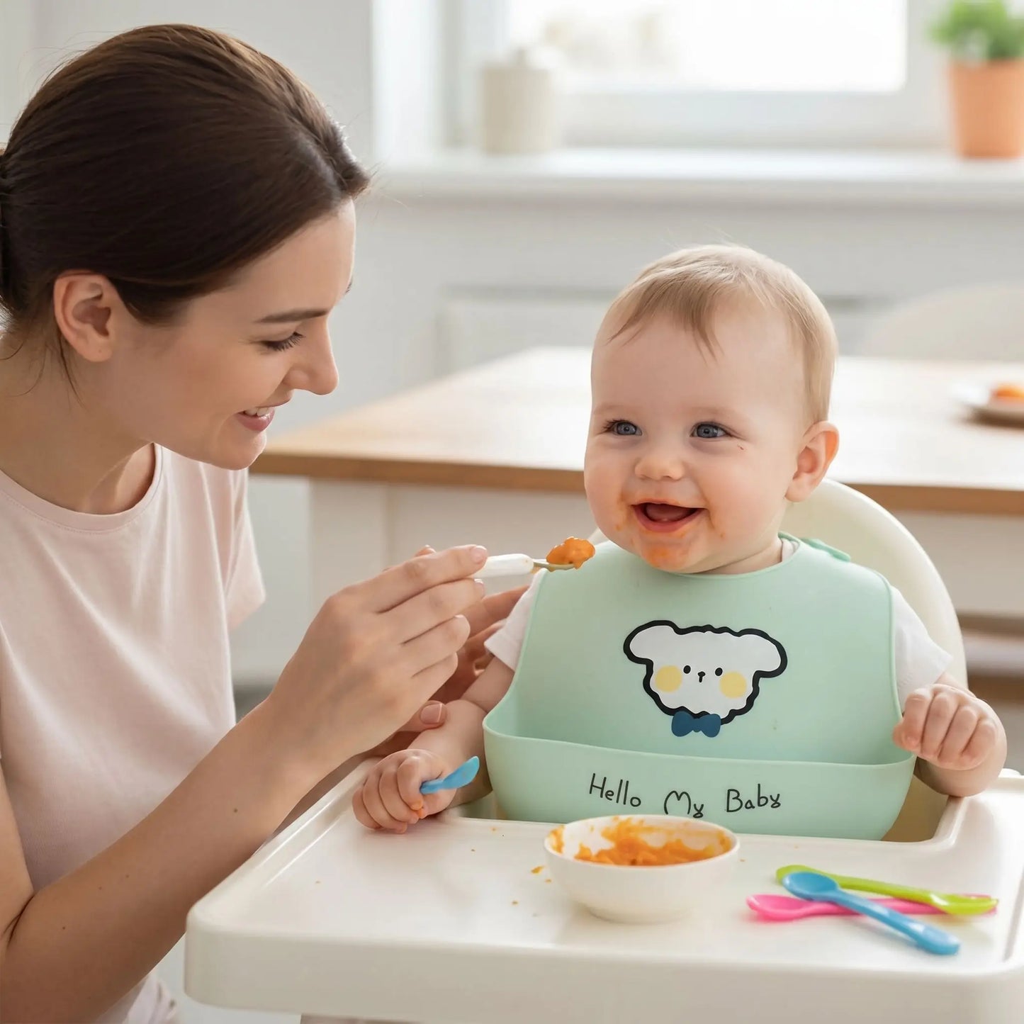 Mère souriante donnant à manger à son bébé avec un bavoir en silicone vert clair, design mignon avec texte 'Hello My Baby', dans une cuisine lumineuse
