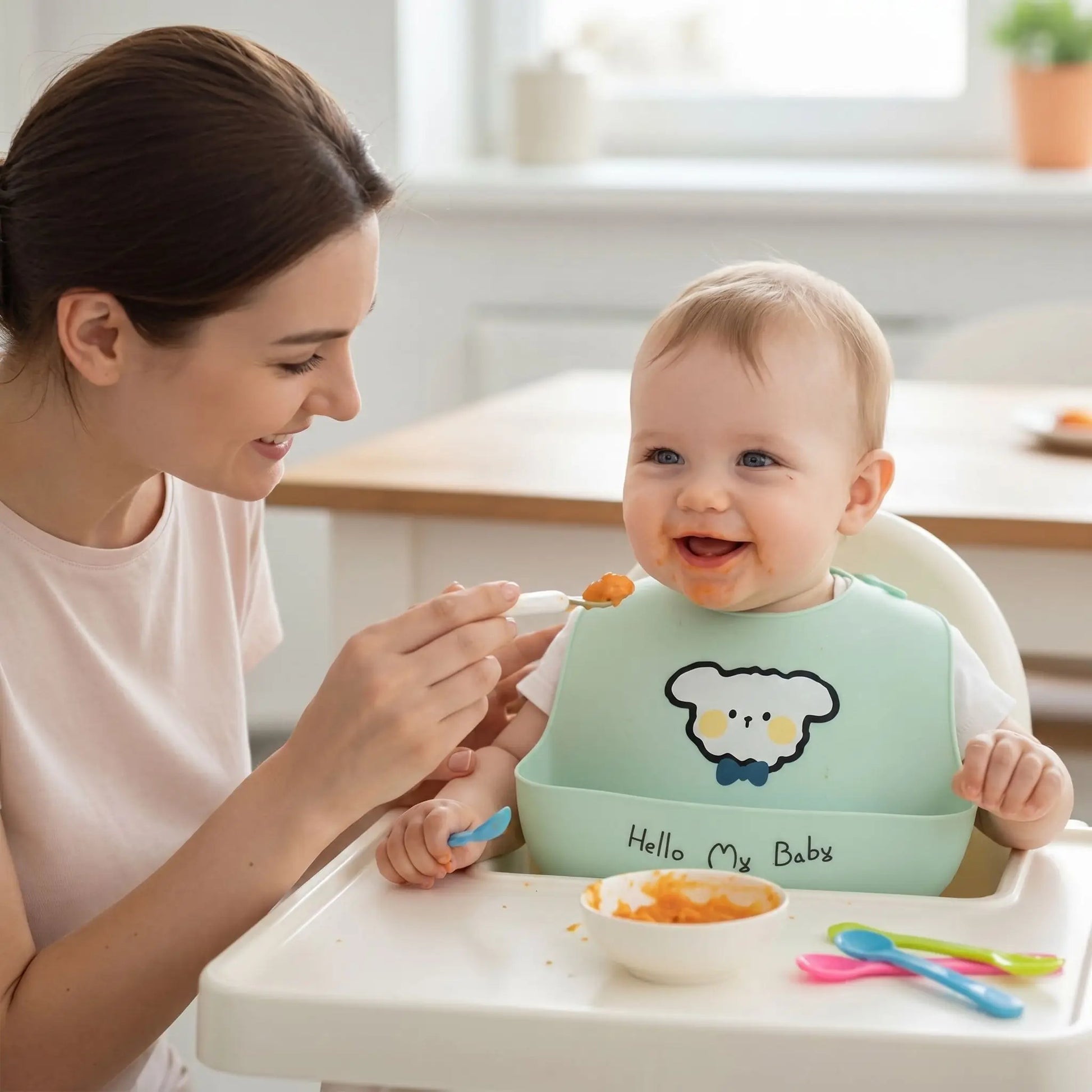 Mère souriante donnant à manger à son bébé avec un bavoir en silicone vert clair, design mignon avec texte 'Hello My Baby', dans une cuisine lumineuse